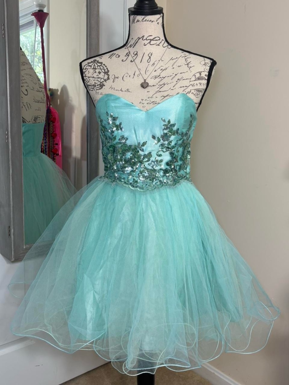 Blue Strapless Floral Sequin Tulle Cinderella Prom Dress